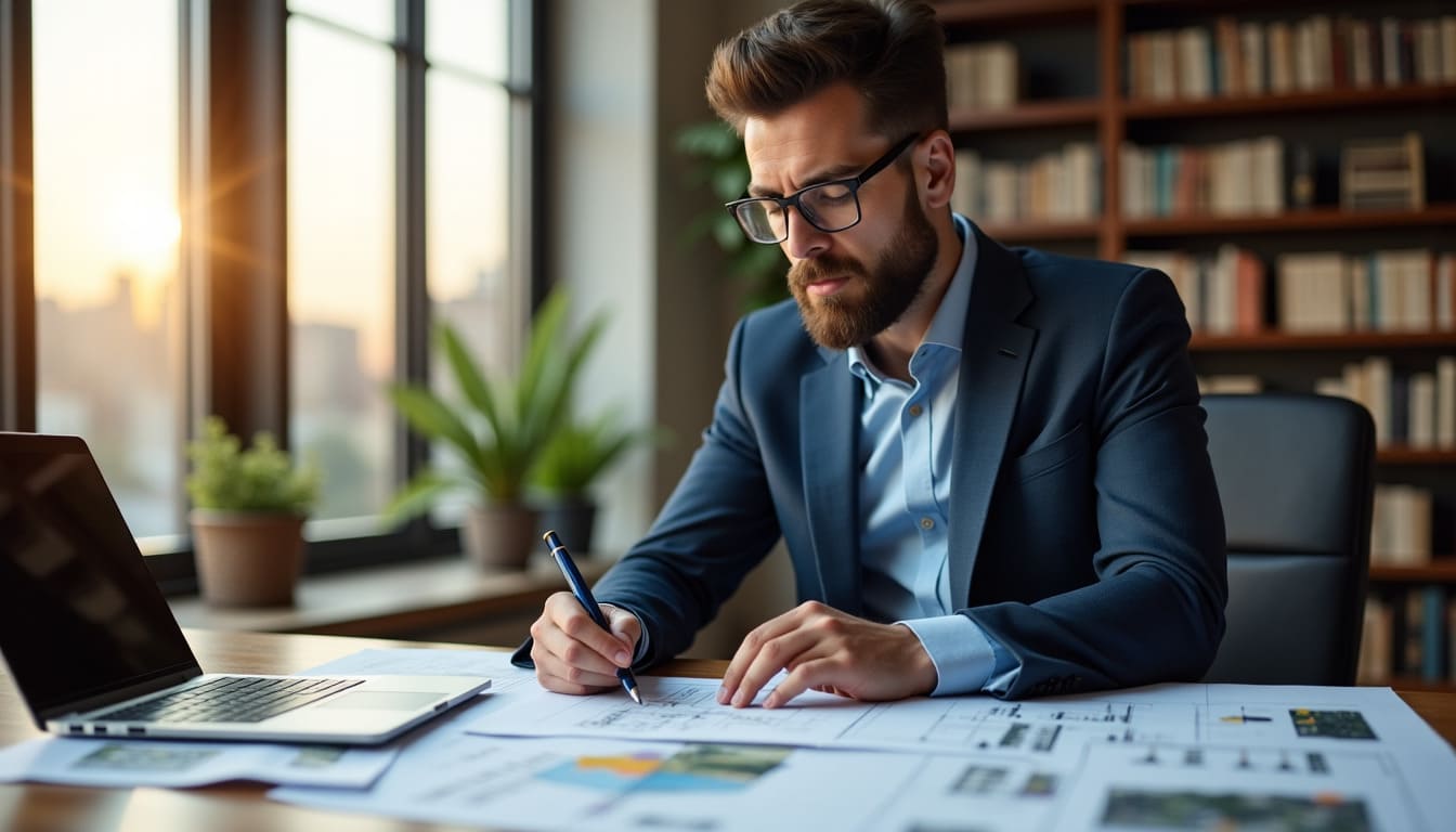 Expert immobilier examinant un dossier et des documents immobiliers